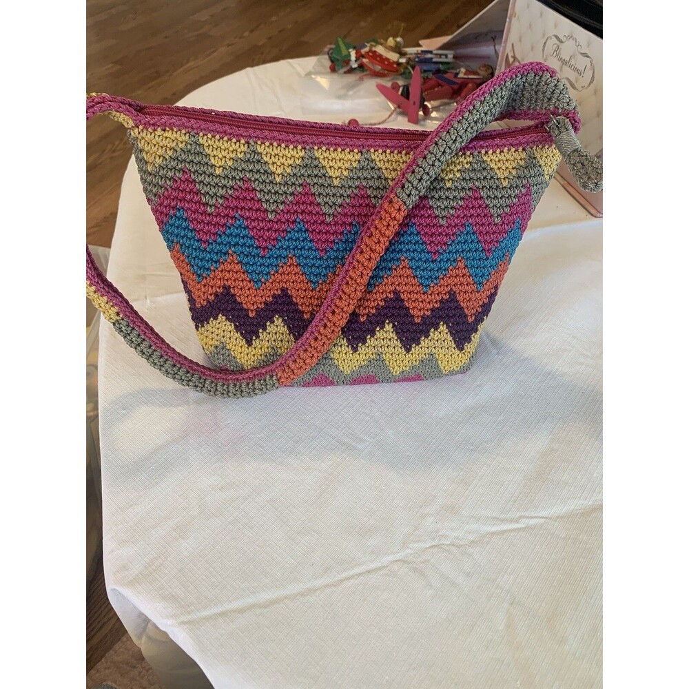 The Sak Chevron Multicolor Crocheted Lined Shoulder Bag Bright Hot Pink~Teal